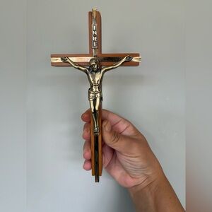 Vintage Wooden Crucifix with Brass Jesus Figure